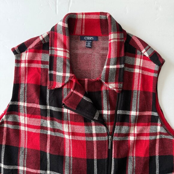 Chaps Womens Red Black Plaid Sleeveless Zip Vest Size 2X 100% Cotton Collared - Picture 3 of 9